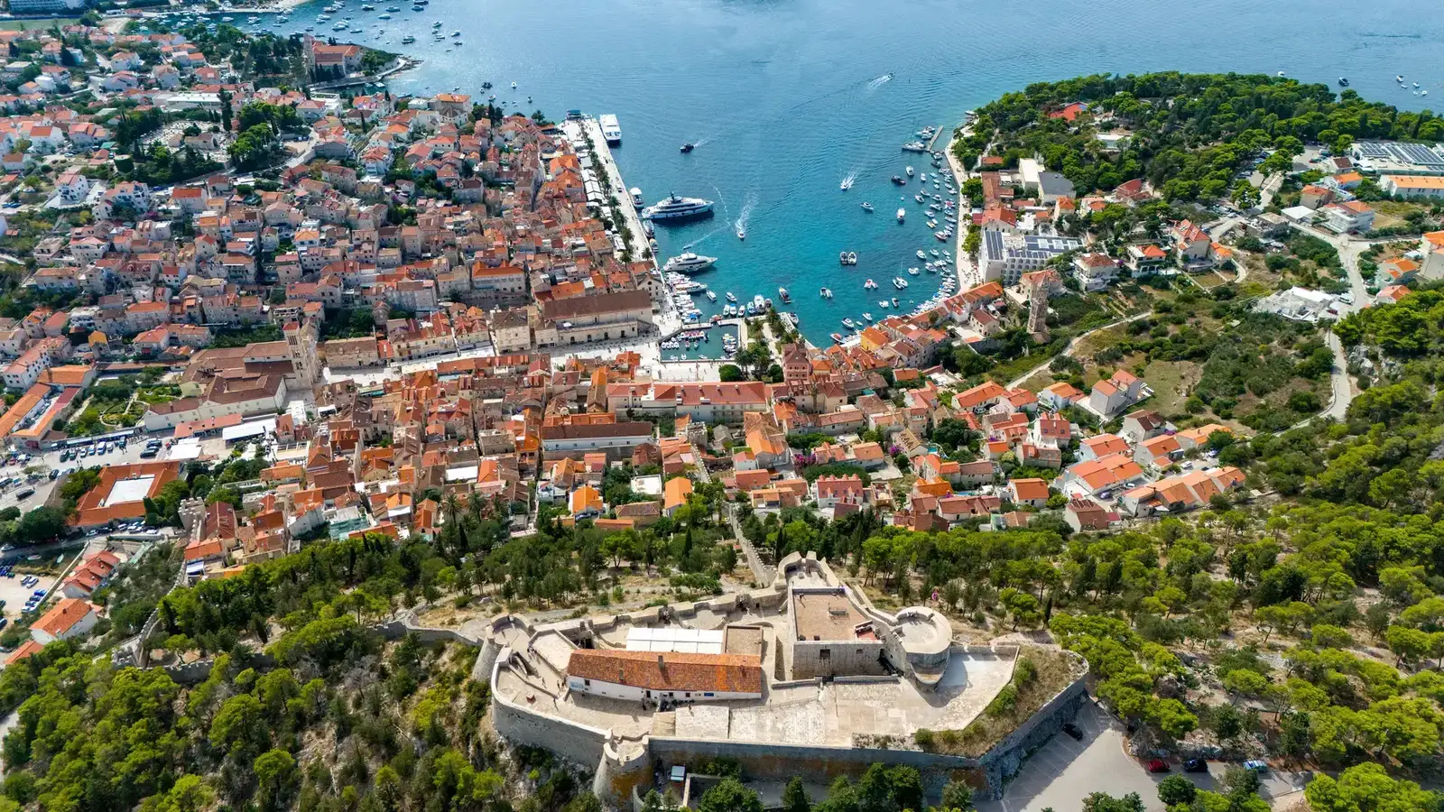 Aerial view of Hvar Town with Spanish Fortress and Pakleni Islands