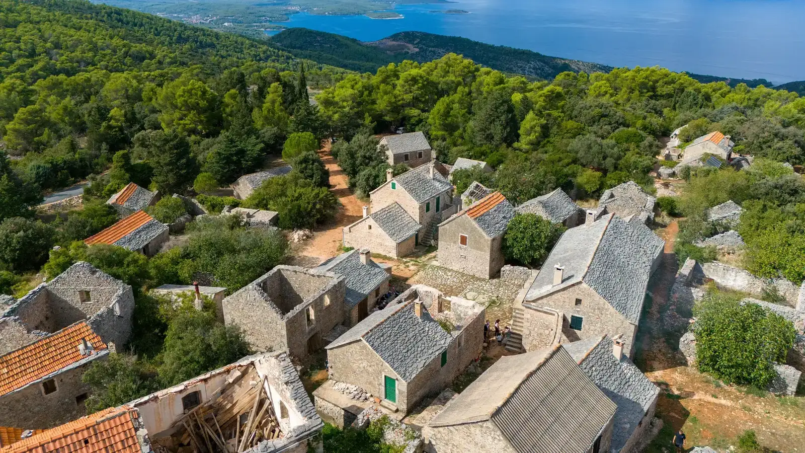 Aerial view of the ancient stone village of Humac on Hvar Island