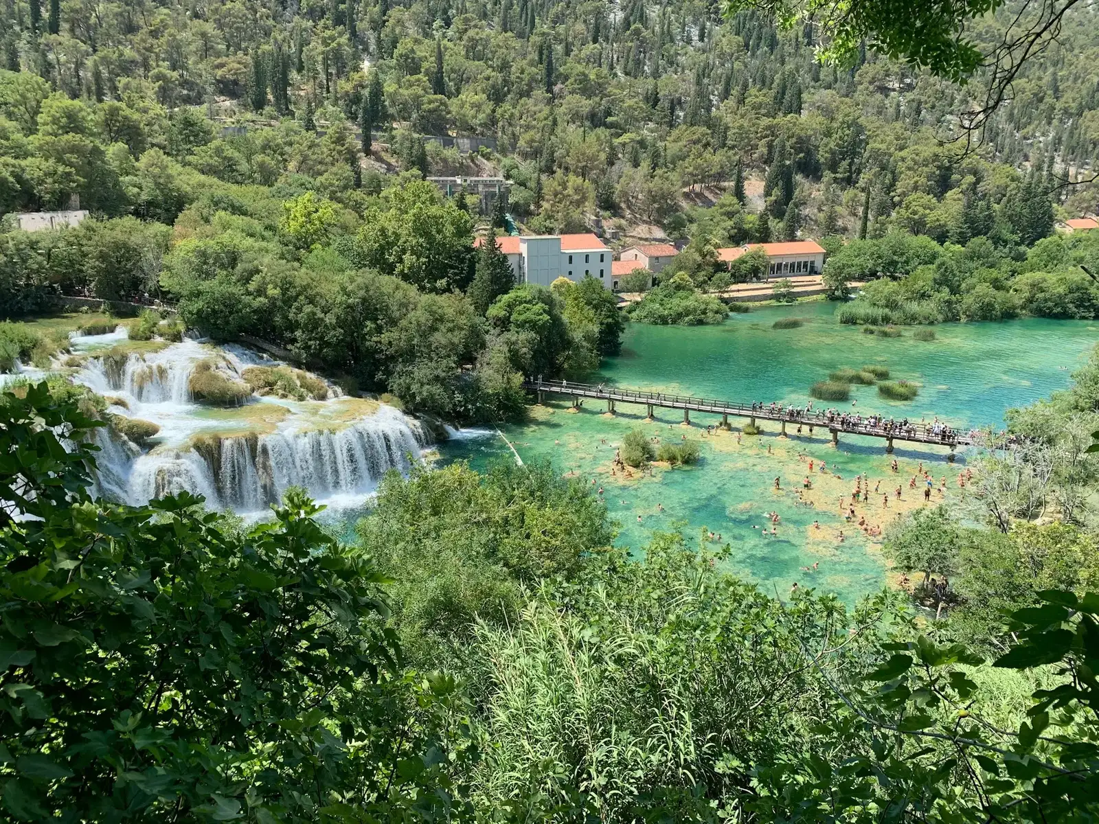 Wooden walkways through Krka National Park with waterfalls