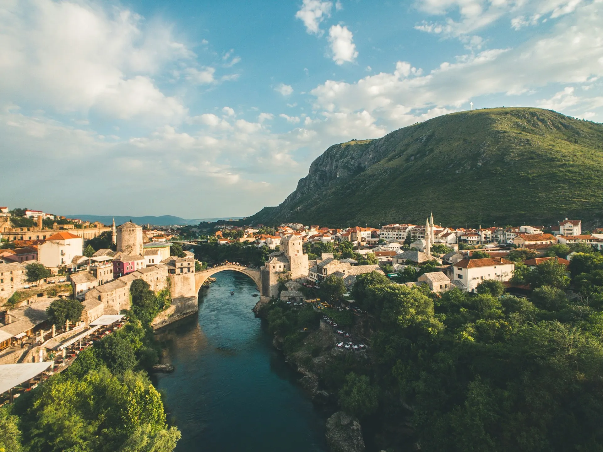 Stari Most Old Bridge spanning the turquoise Neretva River in Mostar