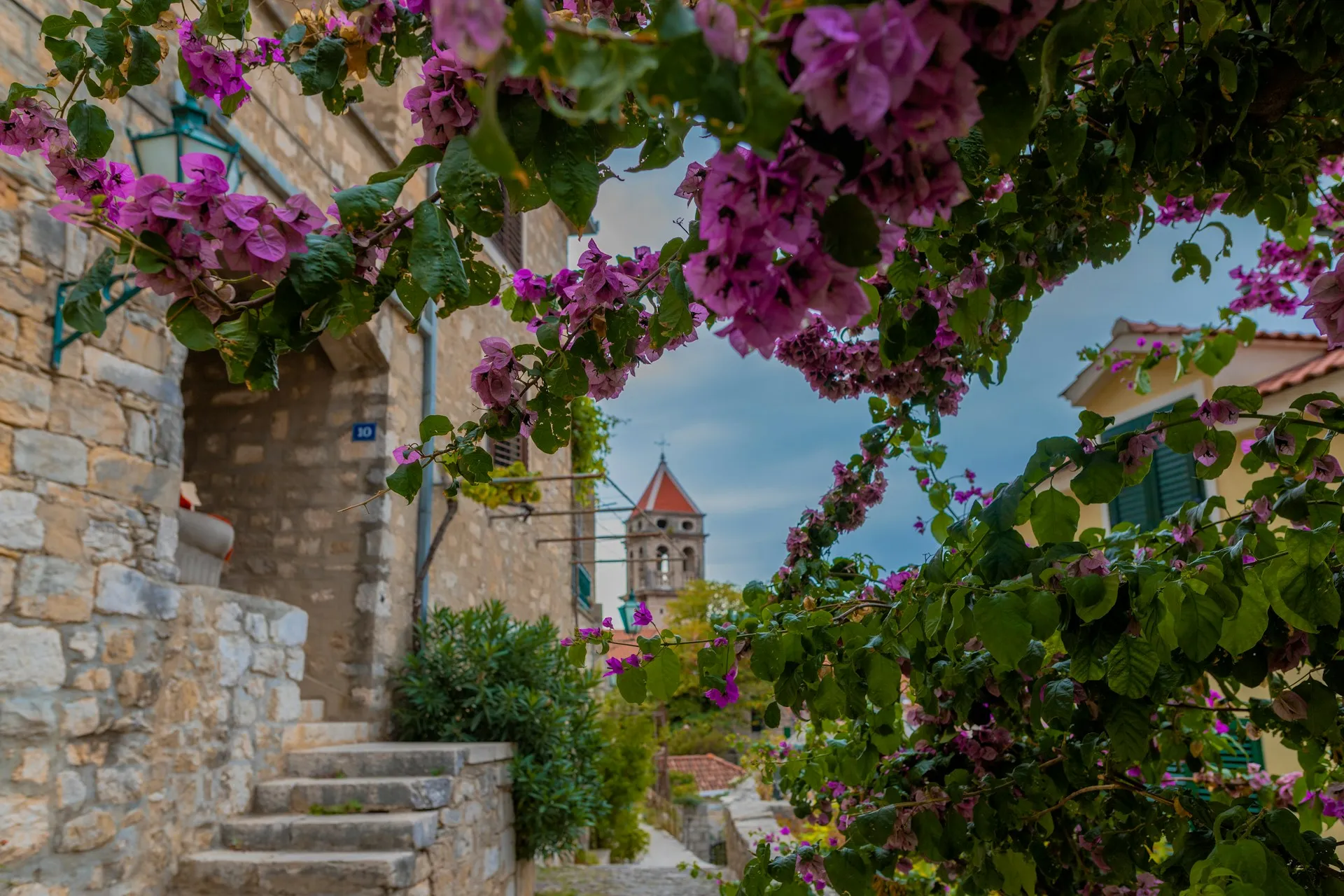 Omiš rooftops and mountains at golden hour