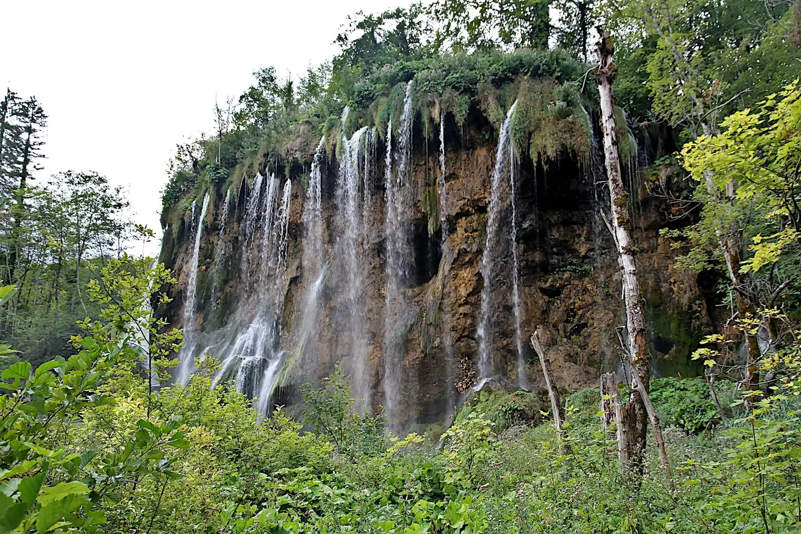 Wooden boardwalk over crystal-clear lakes at Plitvice