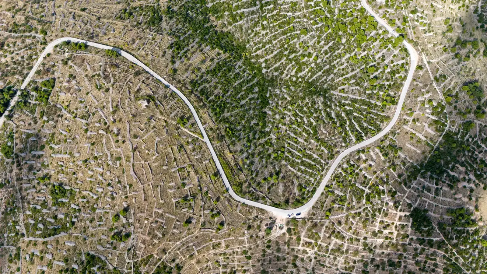 Aerial view of abandoned stone village Malo Grablje on Hvar Island